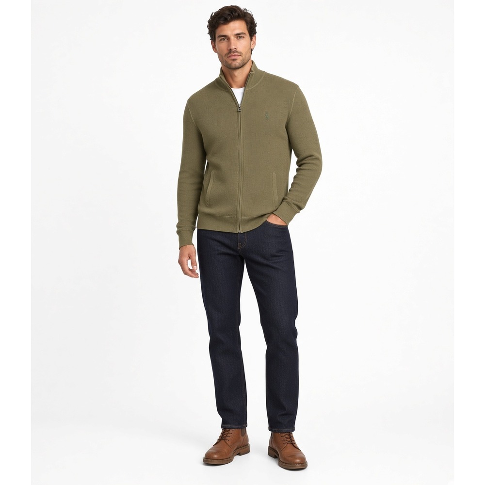 Polo Ralph Lauren Mens Waffle Knit Full Zip Sweater Olive Green M Small Pony